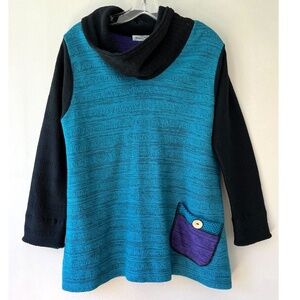 Margaret Winters Size M Knit Sweater Cowl Neck Art Colorful Pockets Long Sleeve